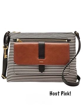 FOSSIL ~ Black and White Striped Crossbody with Brown Front Flap Black Lining